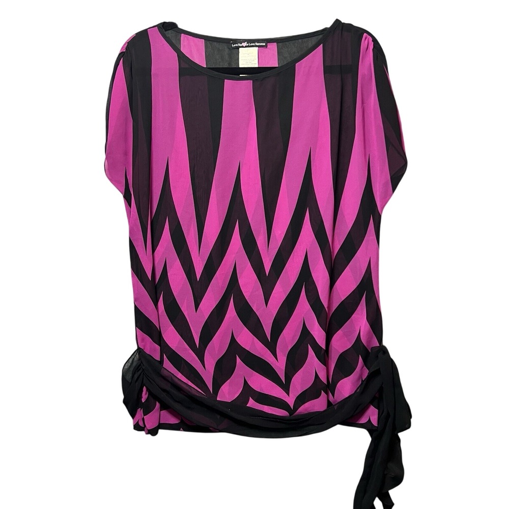 Love Squared Pink Black Chevron Sheer Chiffon Side Tie Blouse‎ Medium